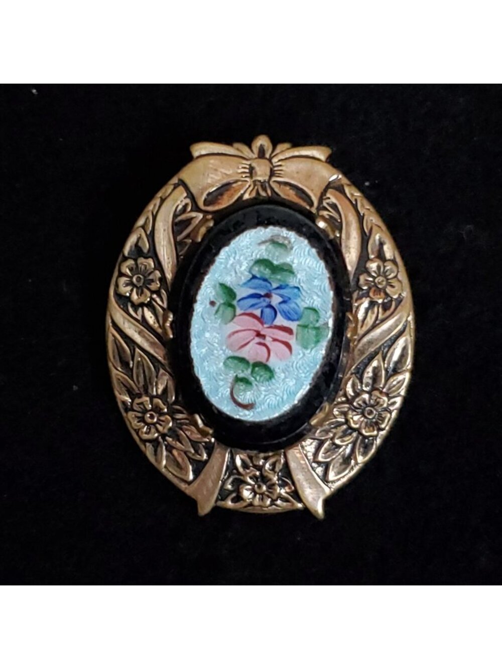 Vintage Floral Brooch Gillouche Enamel Gold Tone Frame 1.5"